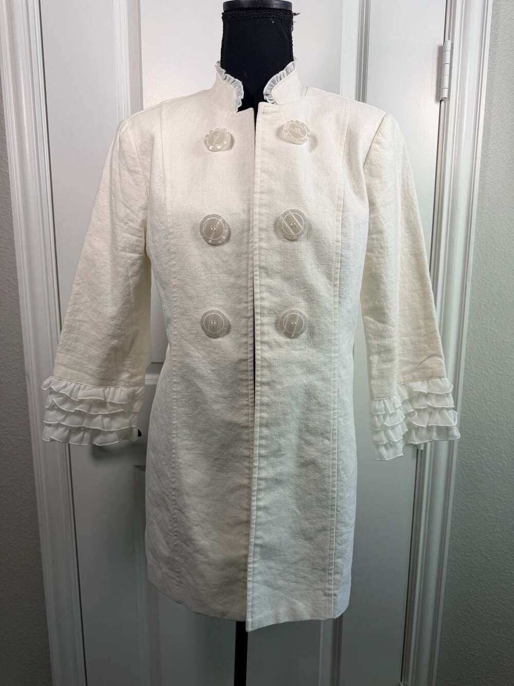 Multiples Ivory Linen Blend Ruffle Trim Mock Neck Coat Jacket Size S - Picture 2 of 6